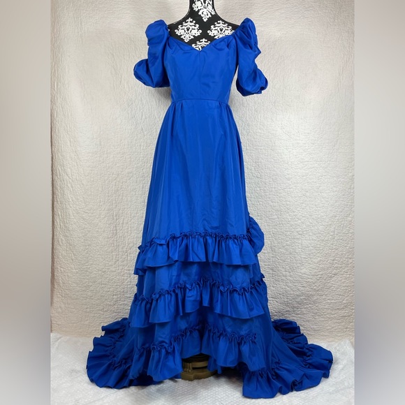 🔥Vintage ILGWU 1980s Blue Gown Ruffled Tiered Mermaid Dress Women Size 4 - Picture 3 of 17